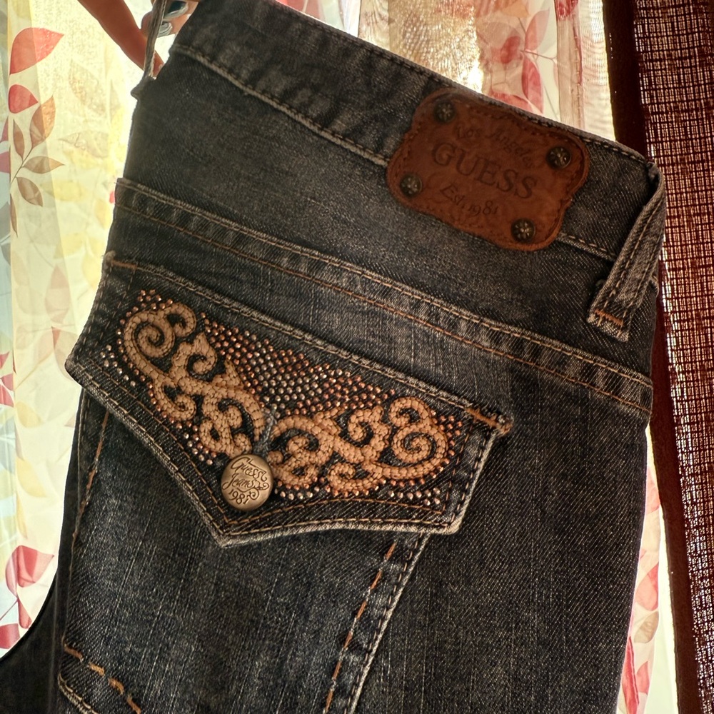 GUESS Women's Dark Blue Embellished Extreme Low Rise Jeans - Picture 1 of 7